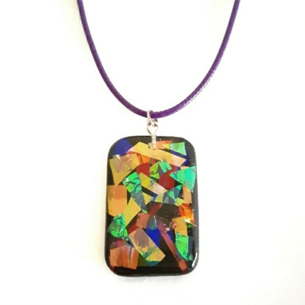 Multicolored faux dichroic glass sparkly rectangle pendant purple necklace new